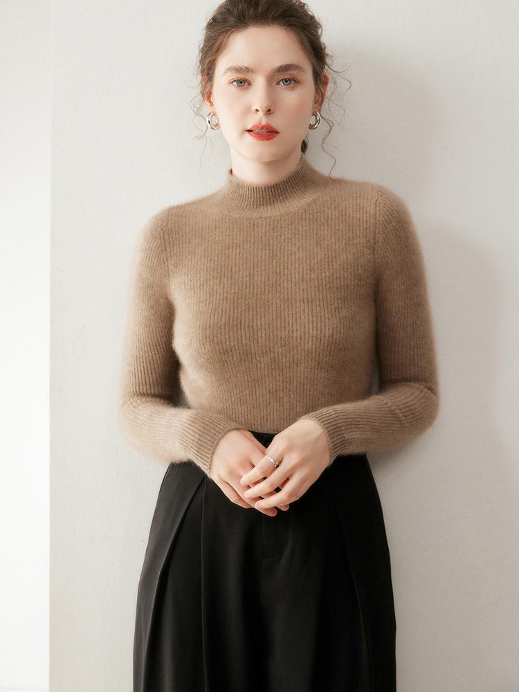 Women's Slim Fit Cashmere Pullover - Half-High Neck Sweater for Autumn and Winter