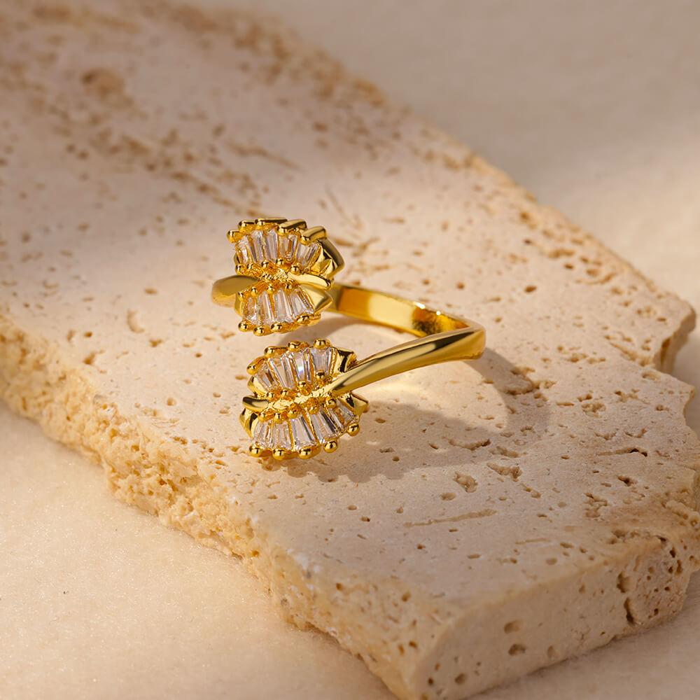 Vintage Zircon Hug Leaf Rings for Women Stainless Steel Gold Color Adjustable Wedding Ring  Simple Statement Jewelry Gift