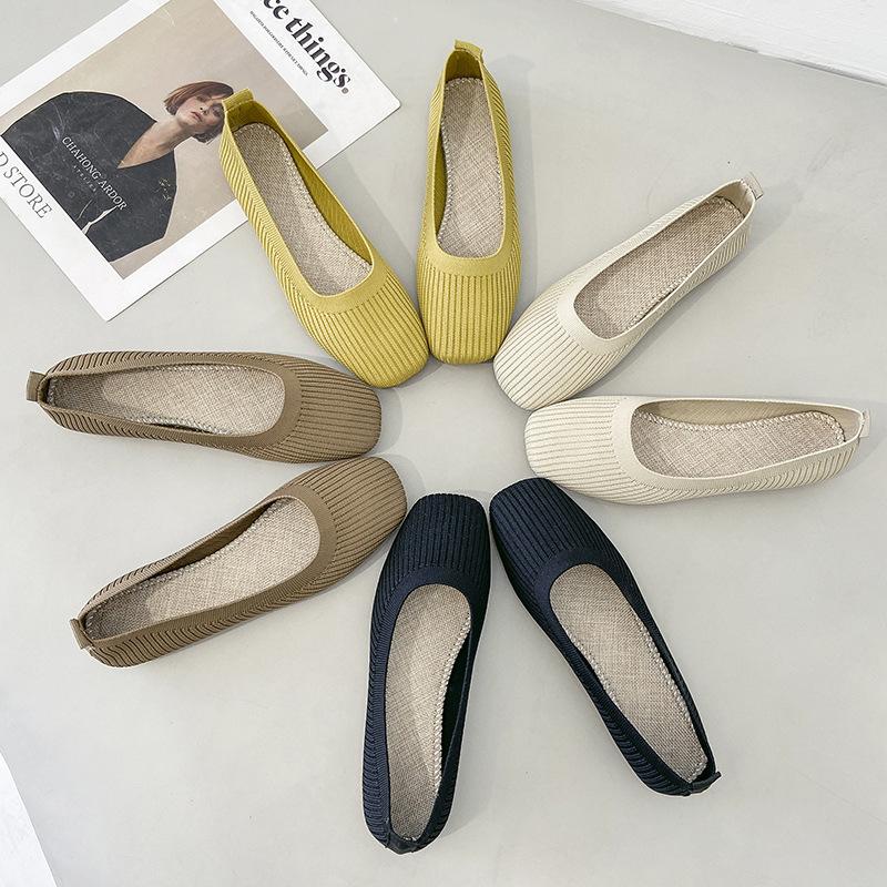 Fashion Women Leisure Flats Summer Autumn Flat Shoes Breathable Knitted Square Toe Slip-on Female Daily Walking Driving Loafers