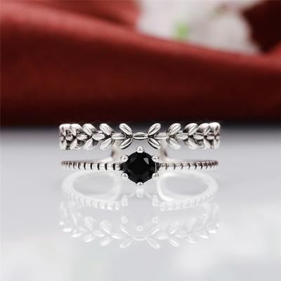Sterling Vintage Verstelbare Ringen voor Vrouwen Tak Zwarte Steen Dubbellaags Openingsringen Fancy Meisjes Sieraden