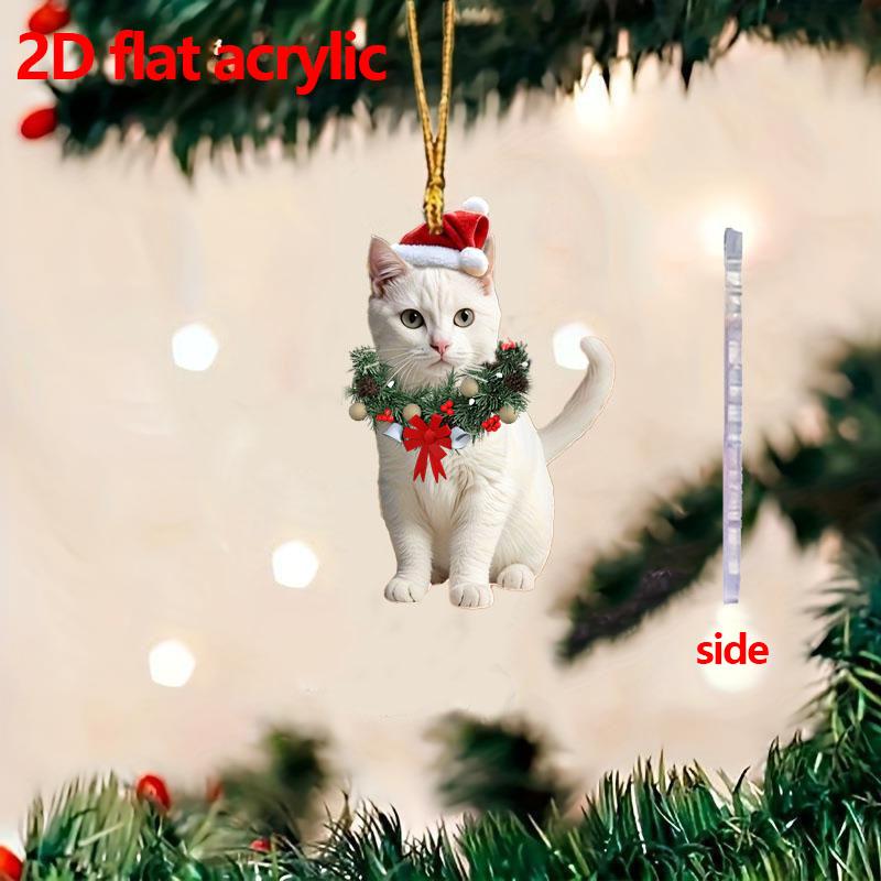 2D Flat Acrylic Christmas Ornament,Cute Cat with Santa Hat & Wreath,Kitten Pendant Keychain,Decor for Car,Bags,Festive,Home,Gift