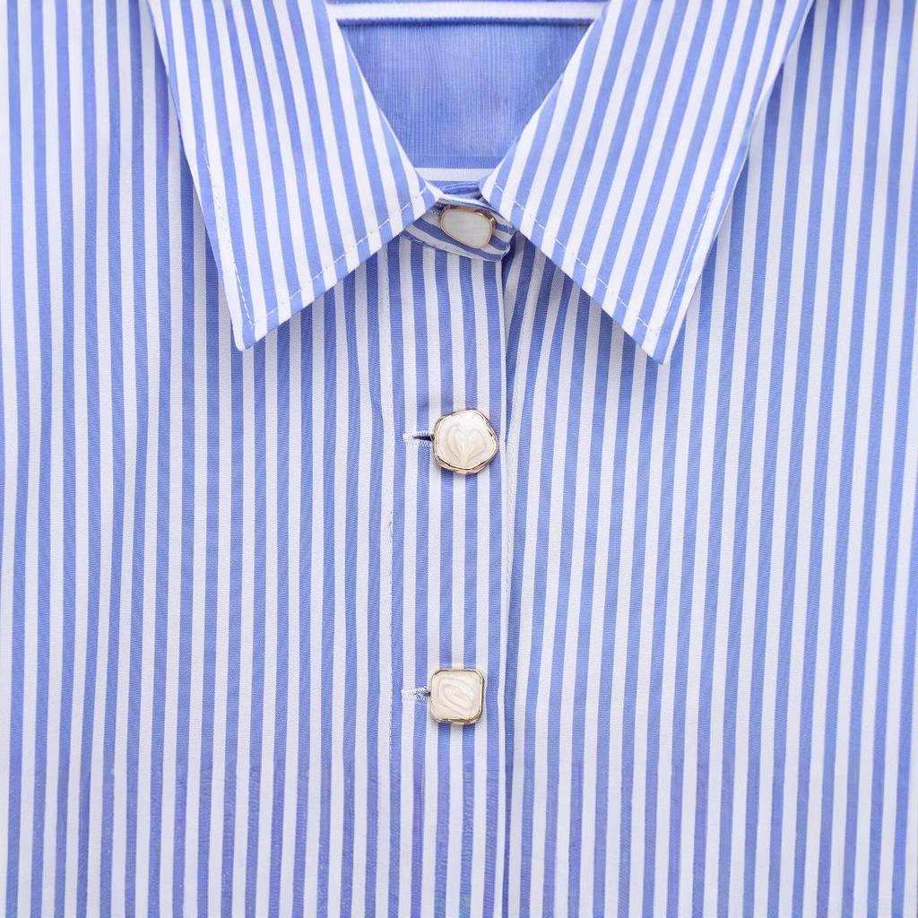 2025 Spring Women's European & American Striped Poplin Long Sleeve Lapel Shirt