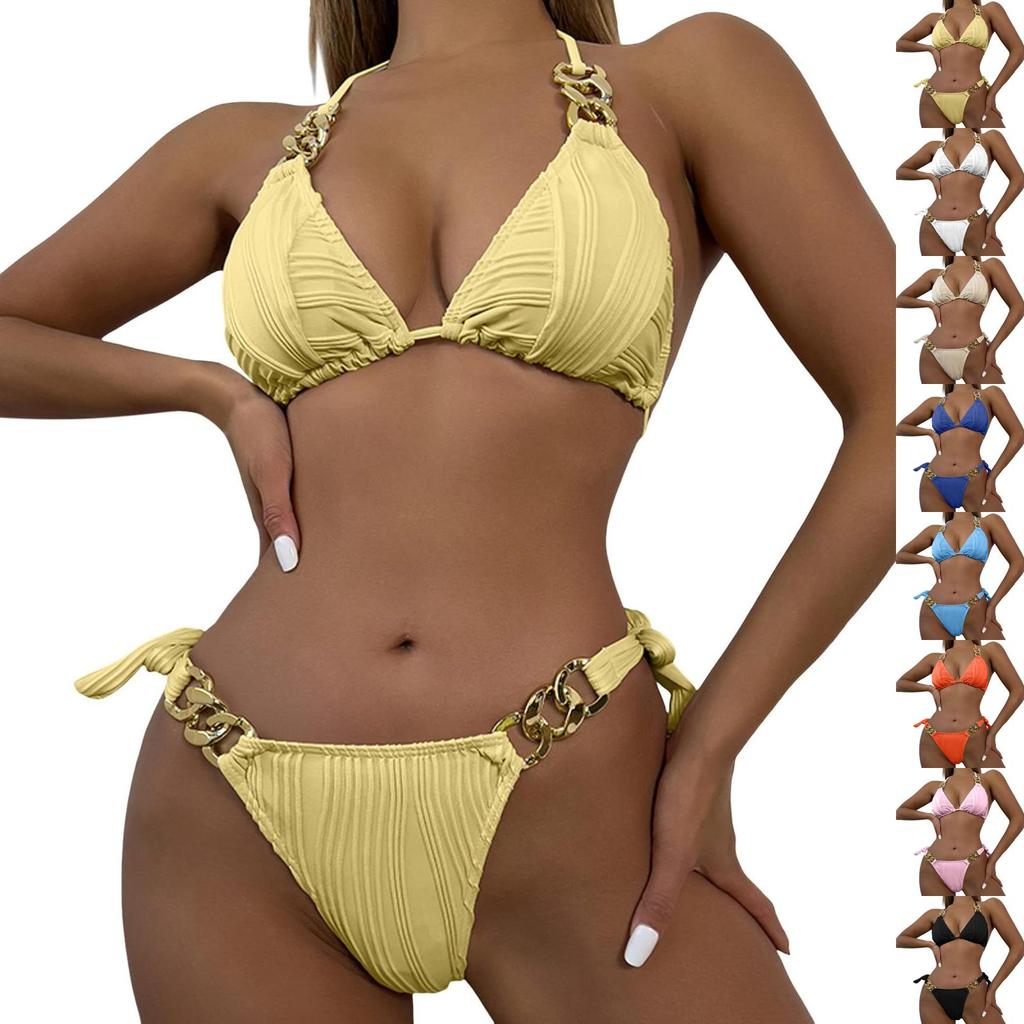 Women's Sexy Bikini Set Fashion Chain Straps Padded No Steel Bra Swimsuit