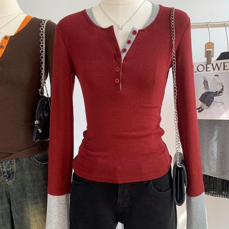 Stylish Contrast Color Faux Two-Piece Long-Sleeve Top for Women