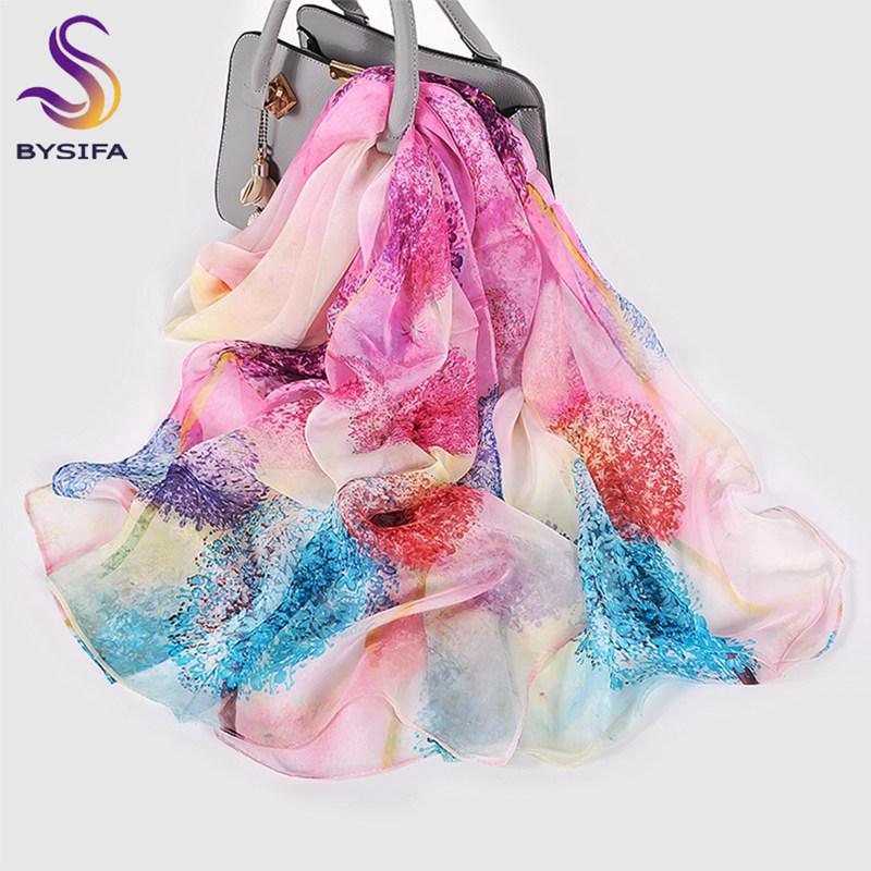 [BYSIFA] 100% Silk Chiffon Scarf Female Brand Leaves Design Grey Khaki Long Scarves Beach Shawls Fall Winter Women Neck Scarves