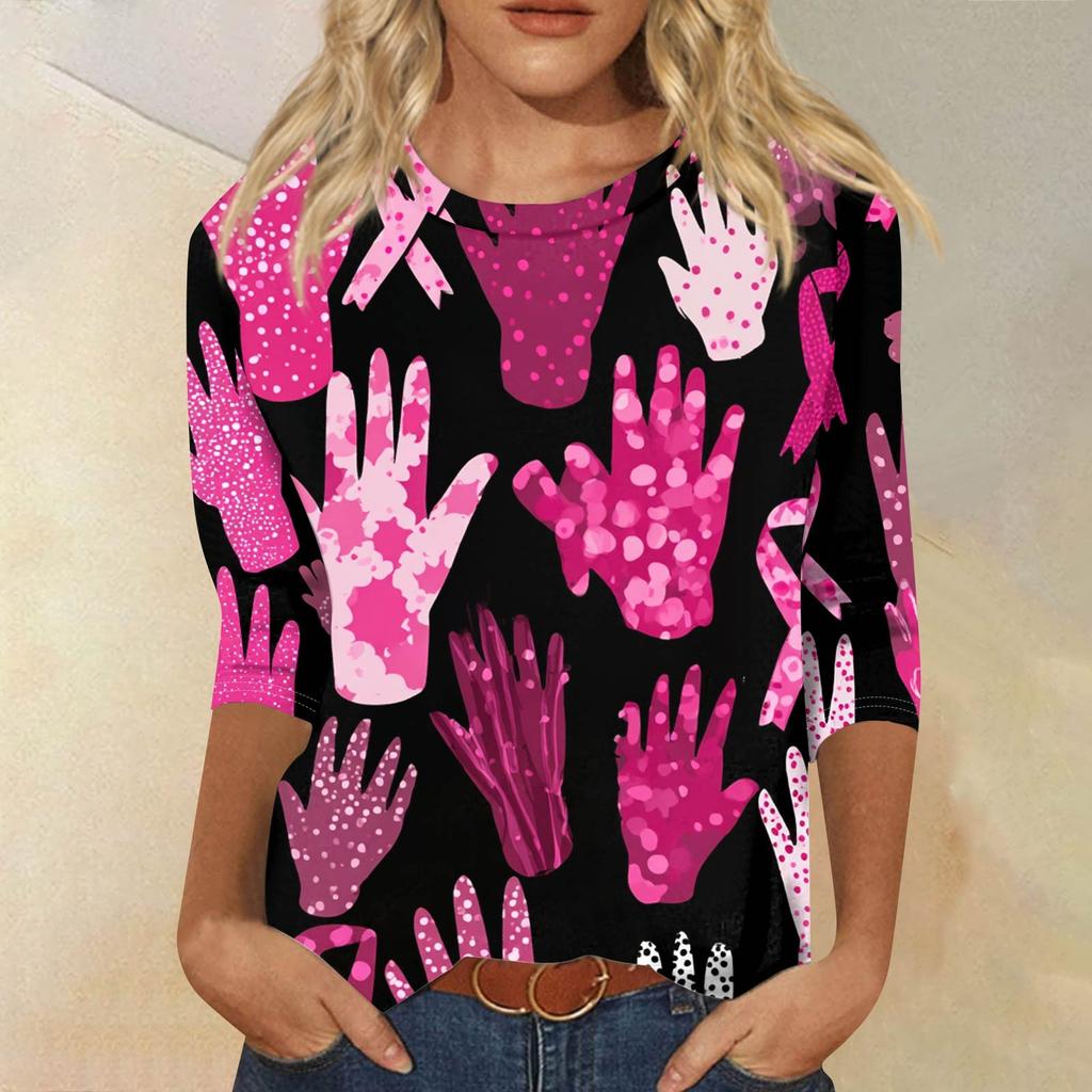 Women's Fashion Casual Seven Split Sleeve Printed Loose Round Neck Top