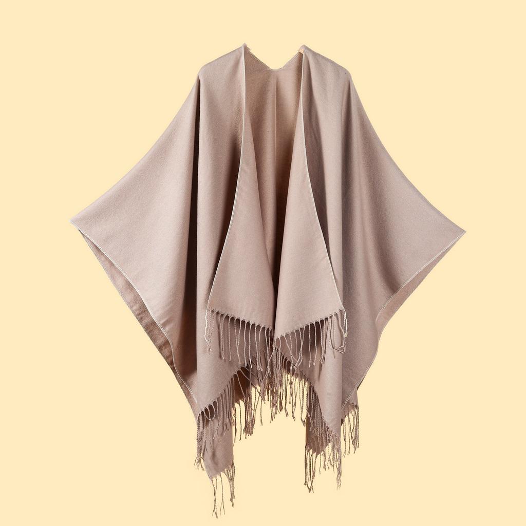 Ladies' Classic Monochrome Tassel Slit Shawl Scarf, Imitation Cashmere Knitted Cardigan