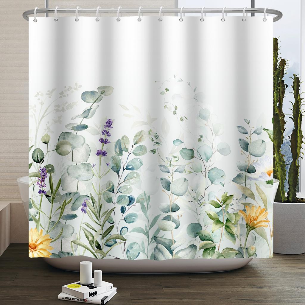Small Fresh Shower Curtain Hand Painted Plant Watercolor Waterproof Polyester Shower Curtain With Hooks For Bathroom Decoration