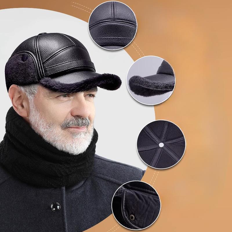 Men's New Winter Hat with Velvet Warm Daddy Leather Hat Middle Aged and Elderly People Windproof Ear Protection Baseball Cap