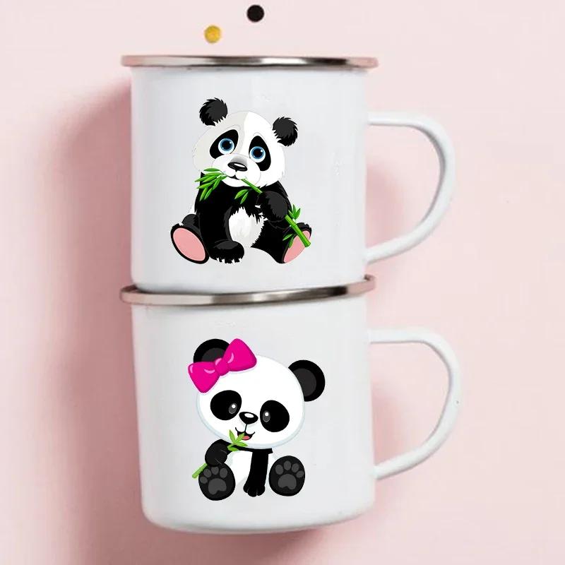 Cute Panda Print Enamel Creative Coffee Tea Water Cups Drinks Dessert Breakfast Milk Cup Kawaii Mugs Handle Drinkware Best Gifts