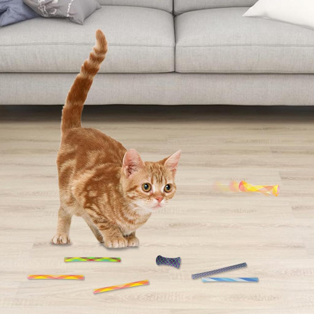 Andiker 10pcs Cat Tube Toy, 5.1inch Nylon Mesh Telescopic Folding Plastic Cat Spring Toy, Stylish Multi-Colored Cat Chew Toy, Interactive Cat Toys