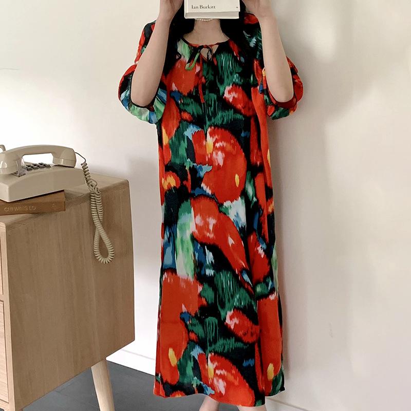 1011 new cotton and silk nightdress women's summer short-sleeved pajamas cartoon pony element long loose cotton silk skirt can be worn outside