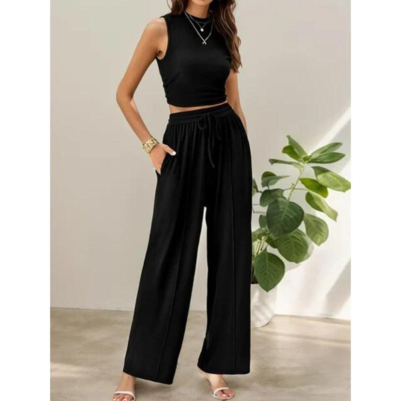 

JKASHDK Женские модные повседневные летние весенние однотонные принтованные брюки без рукавов с круглым вырезом костюмы XXL чёрный