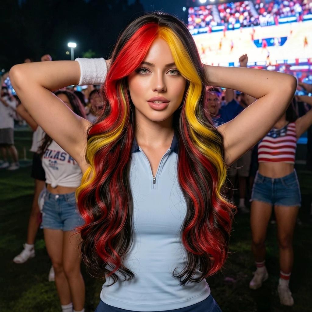 Colorful Highlighted Long Curly Wig 28 Inch Black Red Gold Curtain Bangs Festival Party Synthetic Full Cap Wig for Women