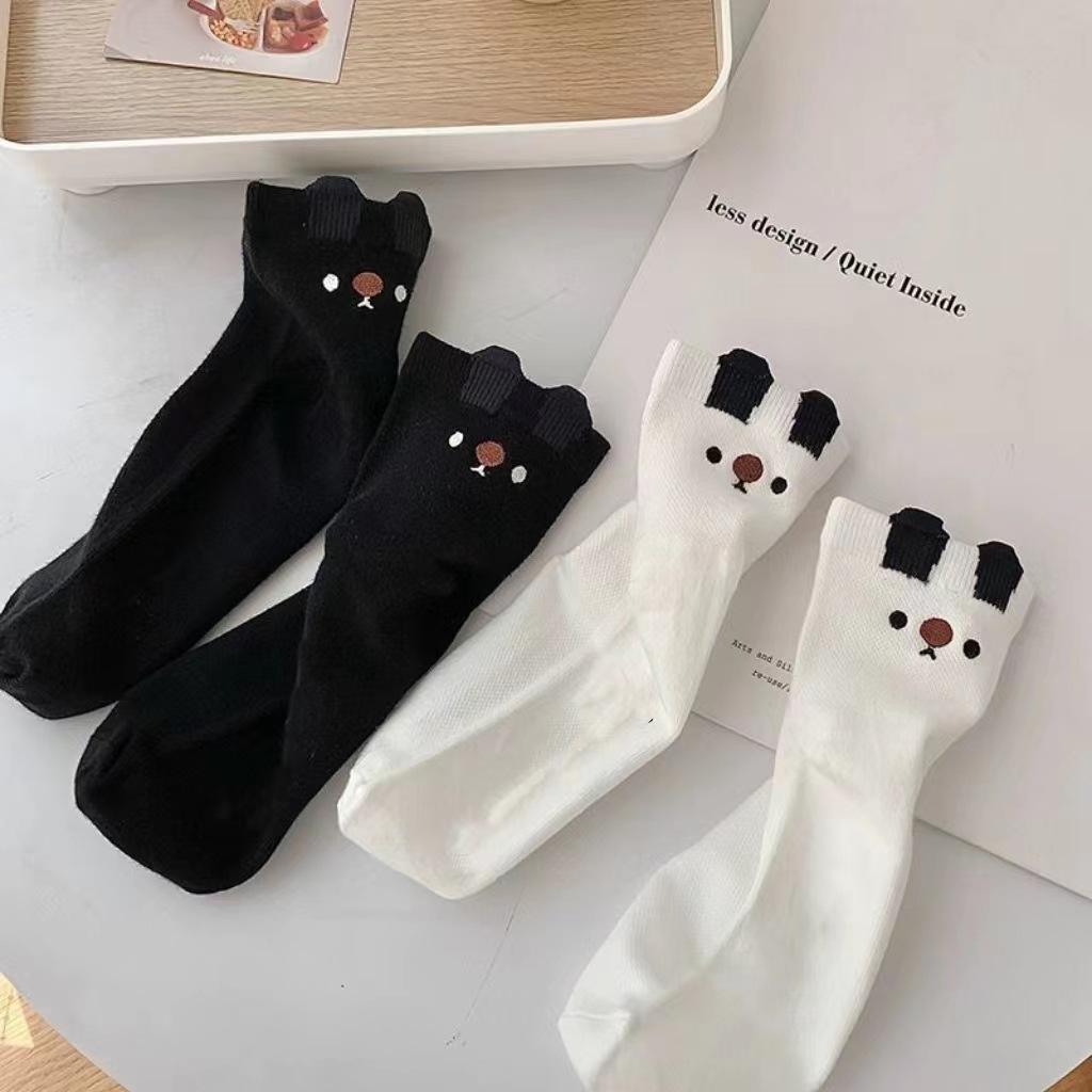 

Минималистичные черно-белые сетчатые носки до середины икры с мишками - японский стиль преппи One Size чёрный