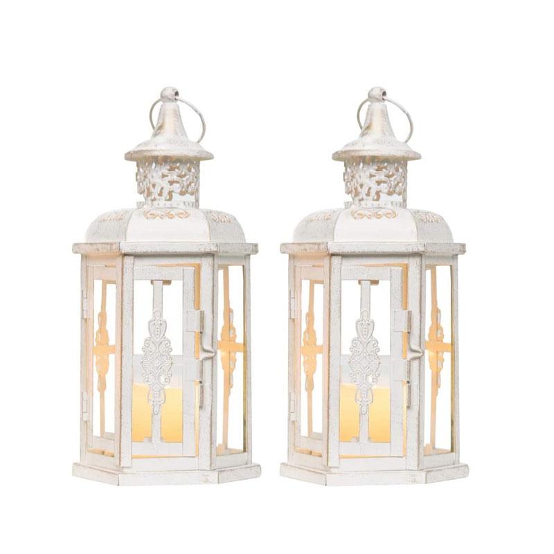 RTS Azioni USA Set di 2 Lanterne Candela Decorative in Metallo Bianco Vetro Stile Marocchino Vintage Portacandele Lanterna da Appendere