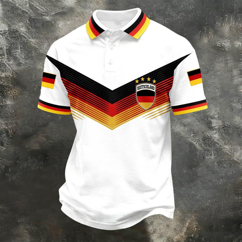 Unisex Casual Loose Fit Short Sleeve Polo Shirt with Germany Inspired Graphic Print and Button Collar for Everyday Wear