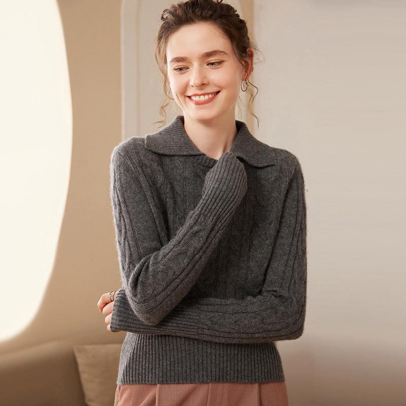 Women's Cable Knit Cashmere Lapel Sweater - Thick, Warm, Long Sleeve, Loose Fit