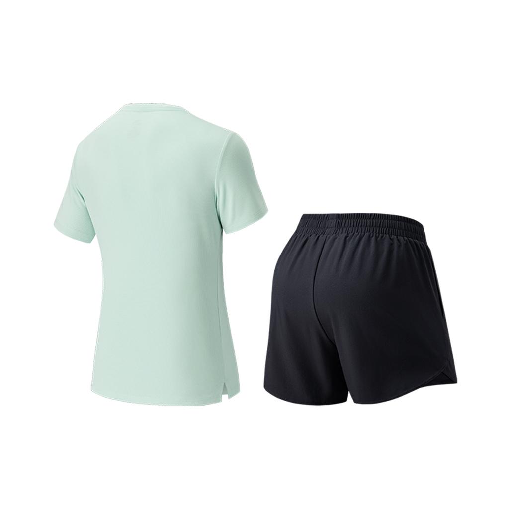 Anta Plain Round Neck Pullover Short Sleeve Sports Set Women fitness set Light-Cloud-Green Basic-Black 962627208-7