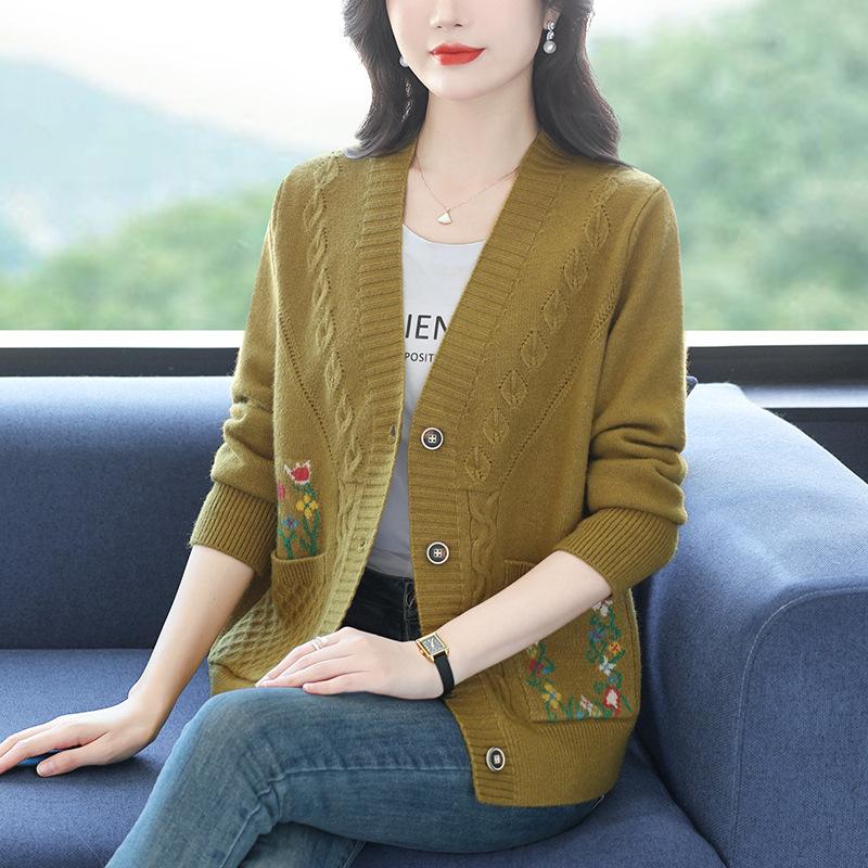 Sweater Cardigan for Women Autumn and Winter Loose Knitted Coat Solid Color Trendy Long-sleeved Knitted Top