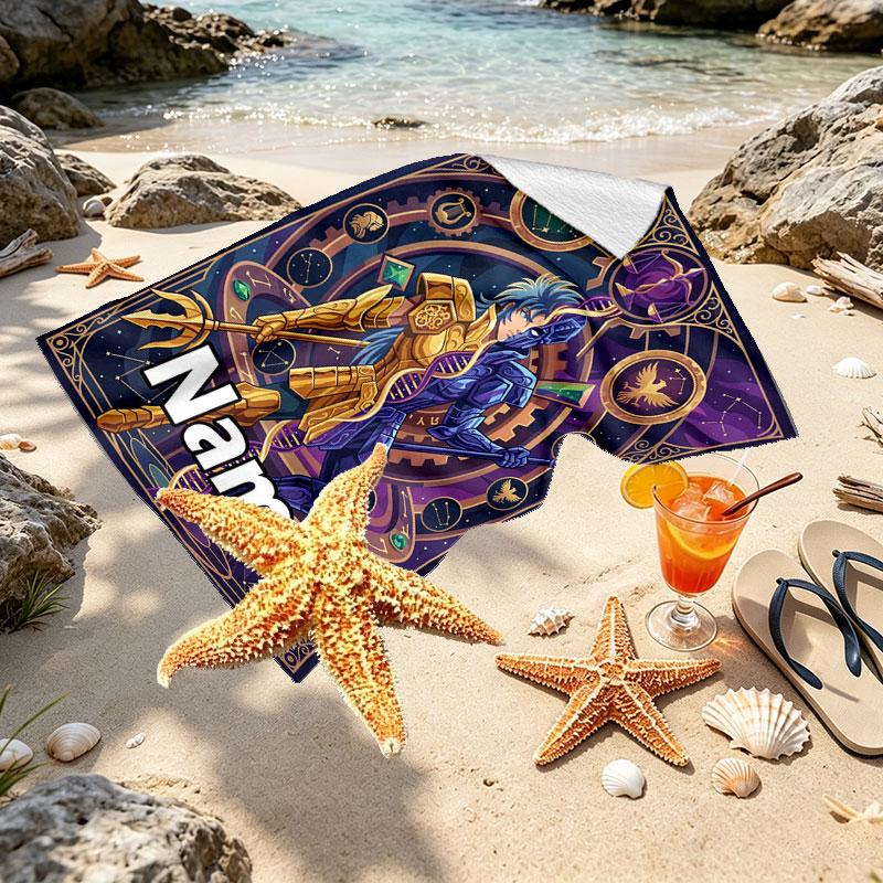 Custom Name Personalized Saint Seiya Print Beach Towel, for Trip Camping Beach Party Home Decor, Birthday Gift for Family & Friends
