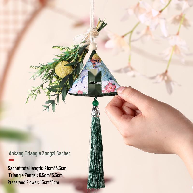 Dragon Boat Festival Sachet: Triangle Zongzi Mugwort Hanfu Pendant with Dried Flowers Portable Lucky Bag Gift.