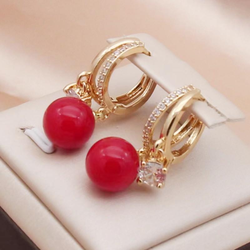 Trendy Red Imitation Pearls Drop Earrings for Women Fashion Zircon Hoop Earring Jewelry Party Accessories