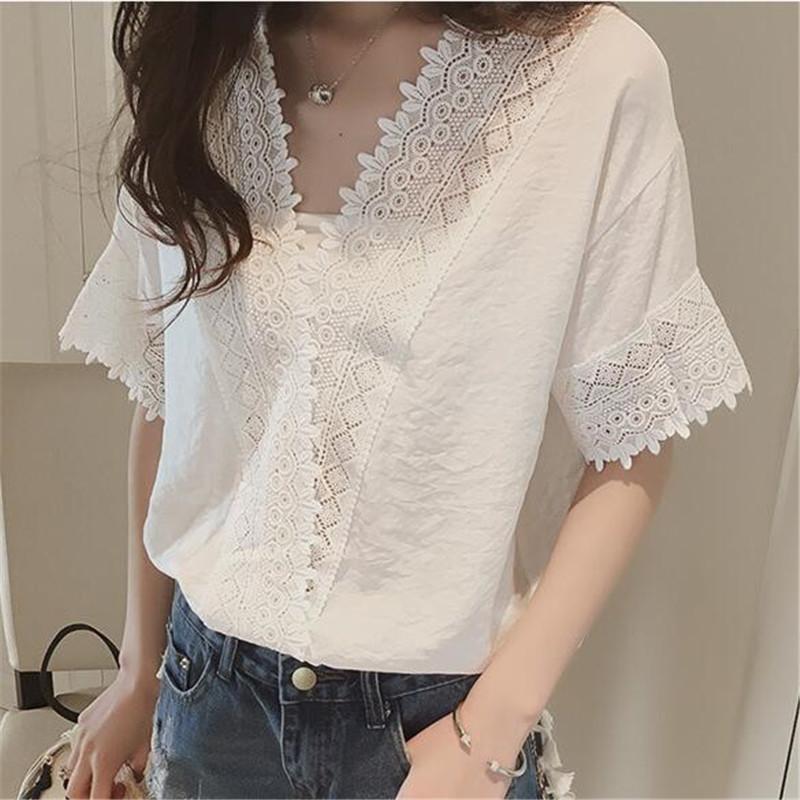 Women s V Neck Short Sleeve Blouse Loose Fit Solid Color Lace Hollow Out Spliced Chiffon Summer Casual Top S