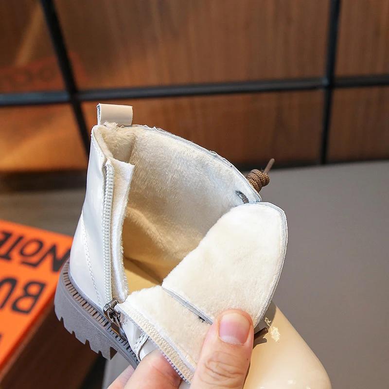 Mädchen dünne Pelzschuhe Mädchen Reißverschluss Stiefeletten Lackleder Martin Boot Kinder schnüren 2023 Kinder Winter rutschfeste Schuh