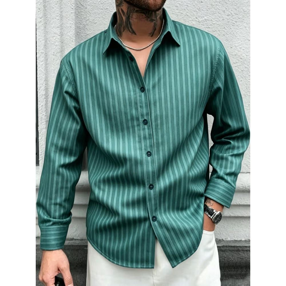 Men's Slim Vertical Striped Long Sleeved Shirt, Loose Collared Casual Shirt, Simple and Versatile Men's Top for Daily Commuting