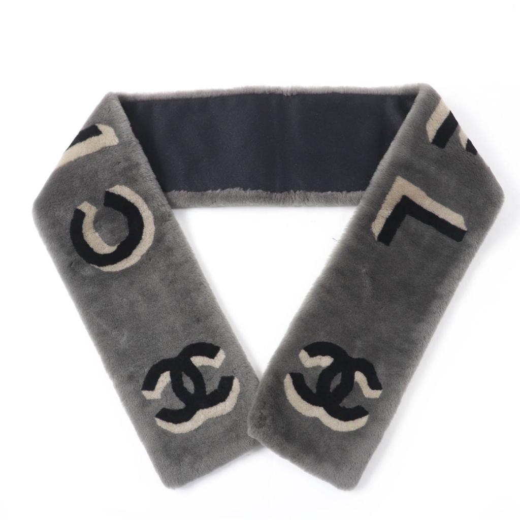Chanel Shawl COCO Mark Logo Design Tippet Gray Mouton Women 20B AA7074 Used