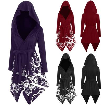 Women's Plus Size Novelty Tree Print Hooded Cape Irregular Long Belt Coat