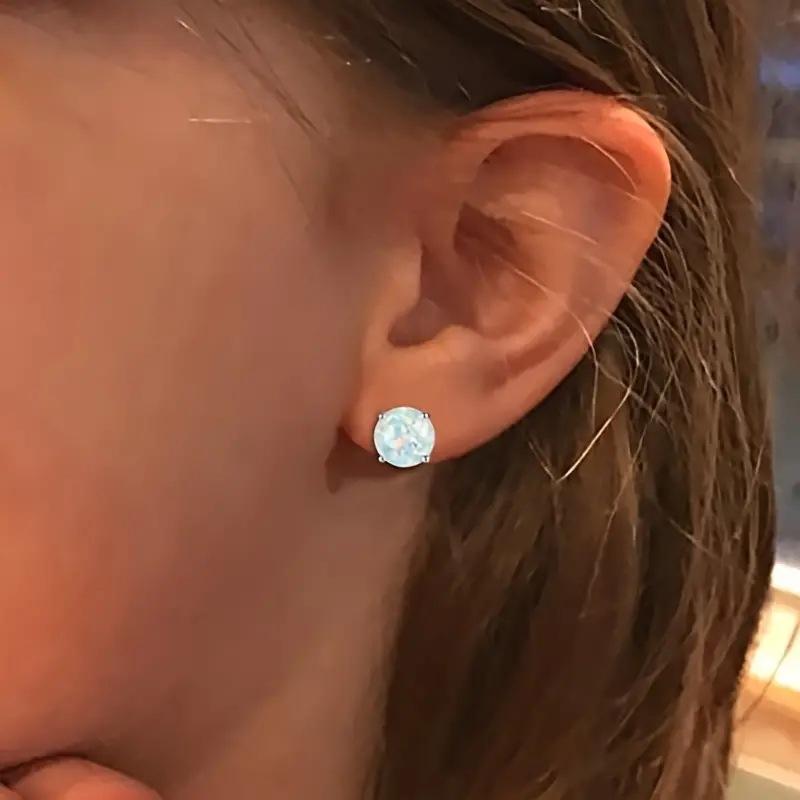 Round Synthetic Opal Earrings, Four Pronged Bezel Set White Fire Opal Women's Earrings, Minimalist Basic Jewelry Gift