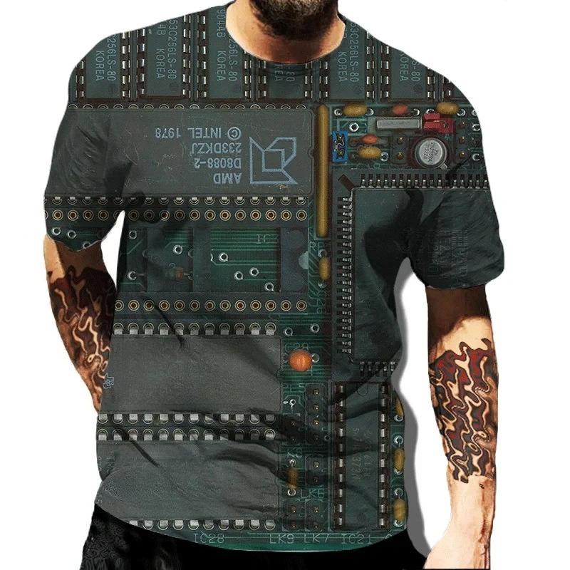 Personalized Electronic Chip Pattern 3D Digital Printing Men's Trendy Round Neck Short Sleeved T-shirt