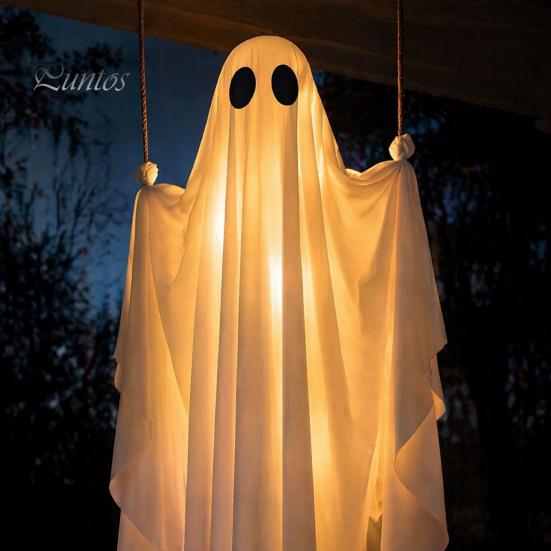 Hanging Ghost Decor Swinging Halloween Decoration, LED Light Up Large Spooky Weighted Fabric with Remote Control for Outside Garden Yard Porch