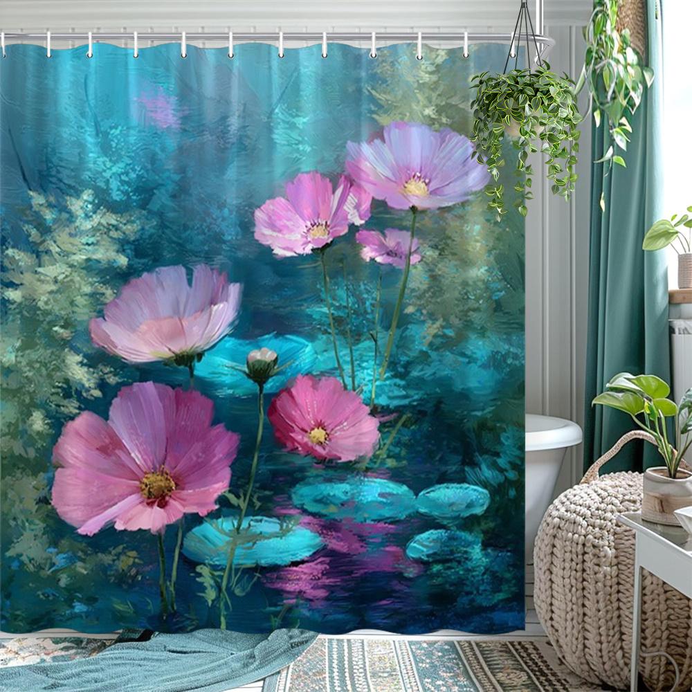 

[2D Flat Printing]1pcs Floral Shower Curtain Pink Cosmos Floral Garden Nature Print Bathroom Decor Polyester Fabric Bath Curtain 90x180cm35x71in