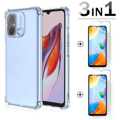 [2 Screen Glass+ 1 Air Bag Case]Anti-Knock Soft Clear TPU Silicone Phone Cover Tempered Protector Film For Redmi 12C 12 Note 12 Pro+ 4G 5G 12S