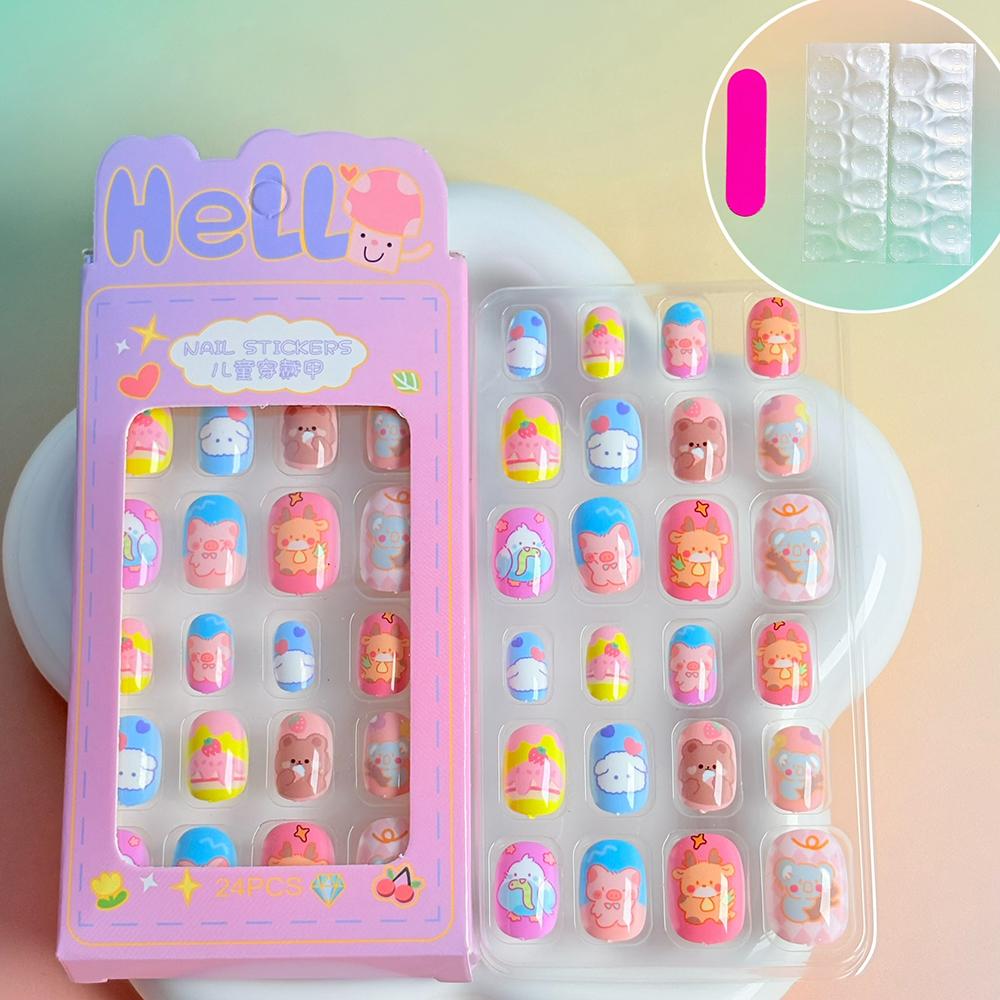 24pcs Kids' Cute Red Cherry/Rabbit/Carrot Press On Nails Cartoon Short Square Fake Nails Reusable Nails Decor with Glue & File
