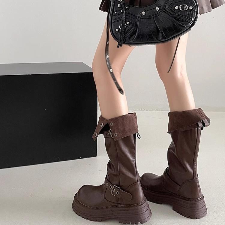 Black retro British style thick heel platform boots women's 2025 autumn and winter new boots tall and thin knight boots