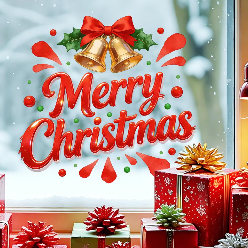 Classic Christmas Glass Window Sticker Bells Bow Holly Self Adhesive Living Room Balcony Decor