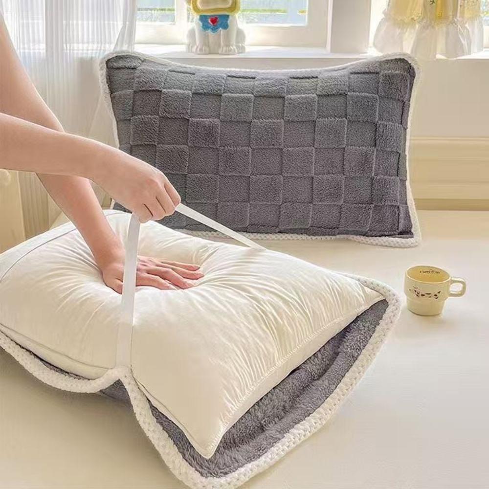 2 pieces Coral Fleece Pillow Cover Plush Cushion Cover Durable Grid Jacquard Pillowcases Winter