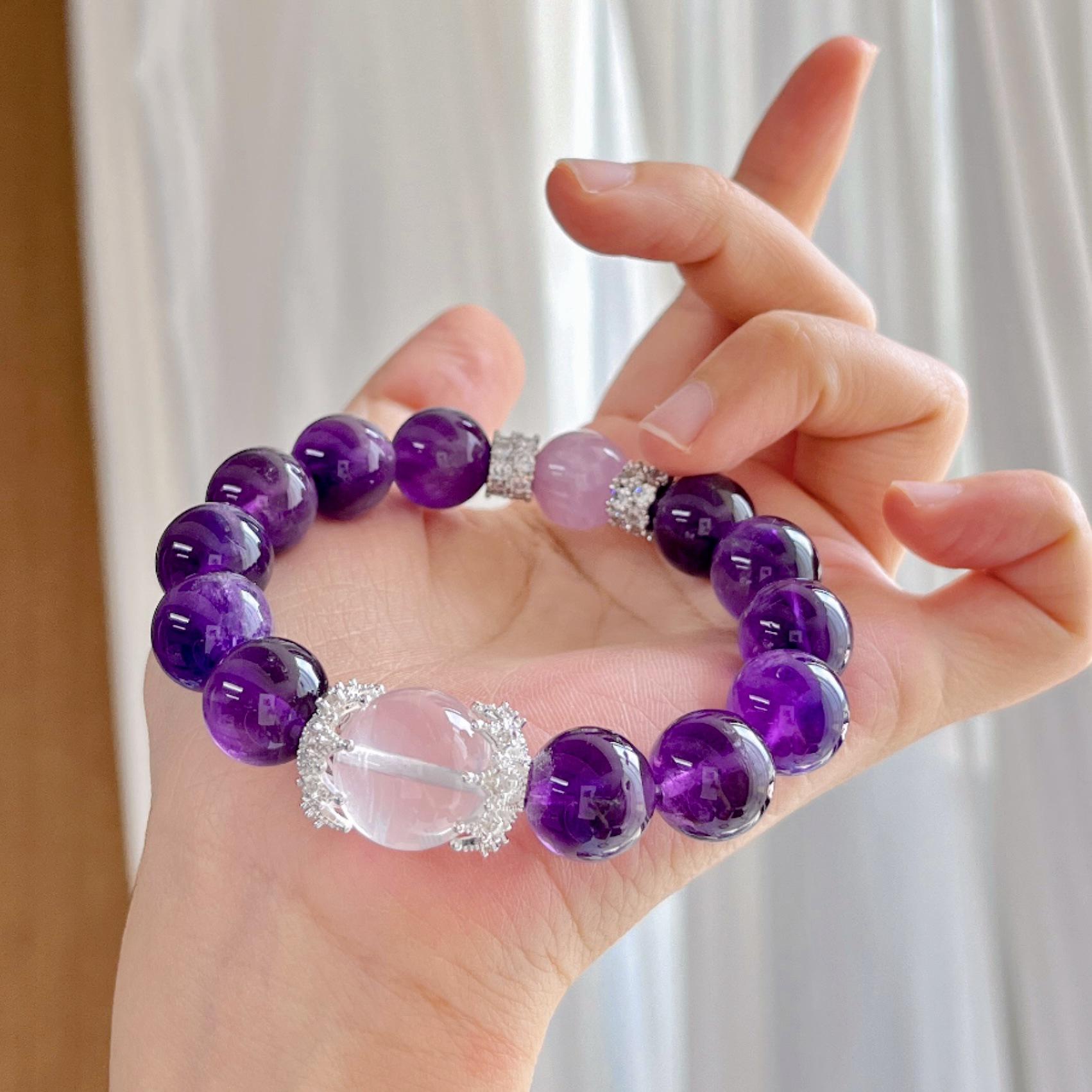 12Mm High Quality Royal Grape Purple Natural Amethyst Purple Lithium White Crystal Bracelet