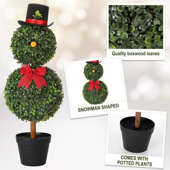 60/85CM Vánoční sněhulák topiary strom Sněhulák tvarovaný umělý topiary s červenou mašlí, cylindrem, vnitřní, venkovní, zahradní, verandní dekorace