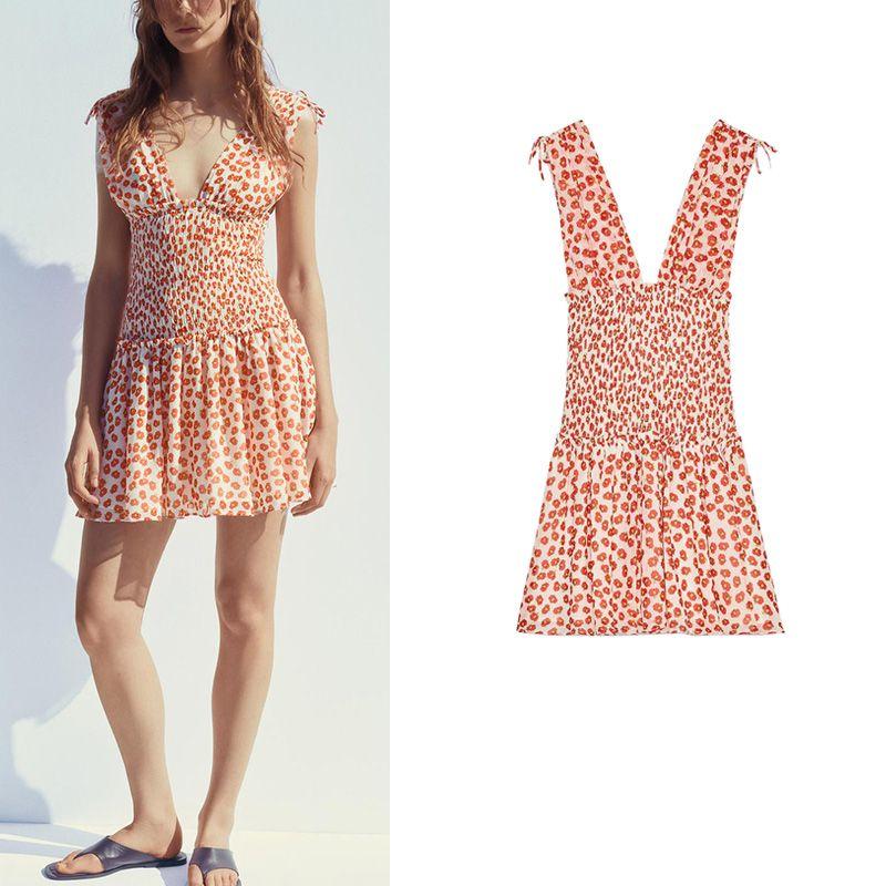 Summer New Product Women's Clothes Laminated Decoration Contrast Color Lining Print Deep V Neck Short Sleeveless Dress 3066311