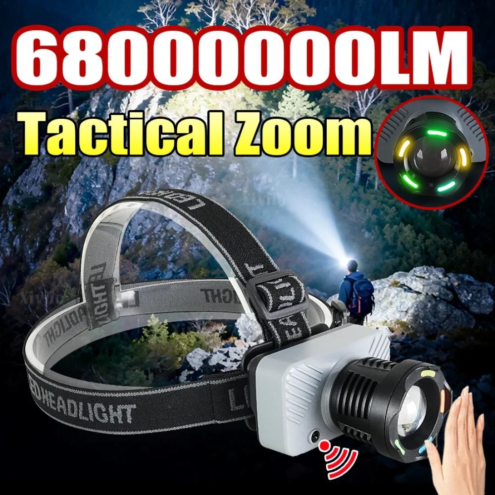 Powered-On 68000000LM Powerful Sensor LED Headlamp Zoomable Rechargeable Head Flashlight 4500M Long Range Headlight Head Lantern