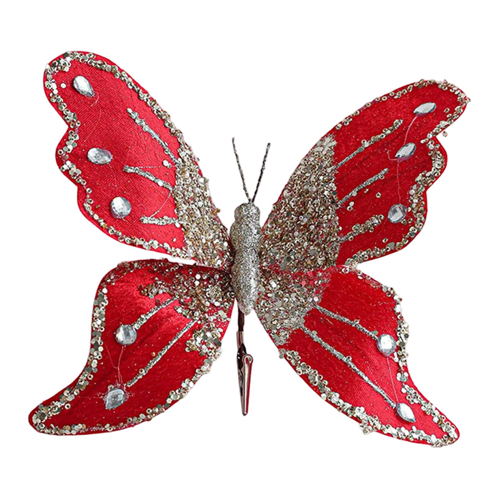 

Butterfly Clip Christmas Ornament Glitter Decorative Collectible Artificial Butterfly for New Year Wedding Birthday Office червоний