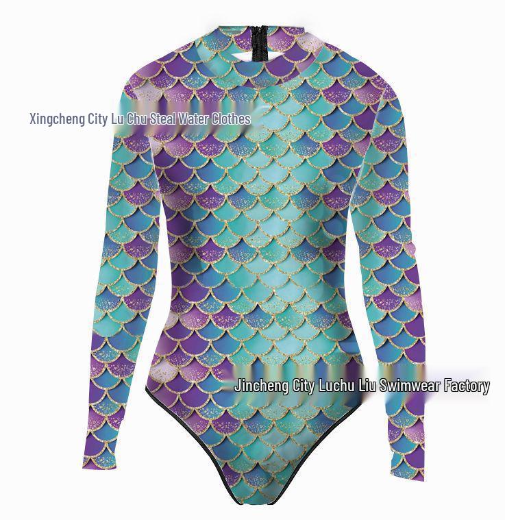 Mermaid Style 3D Fish Scale Women's Long Sleeve One-Piece Swimsuit