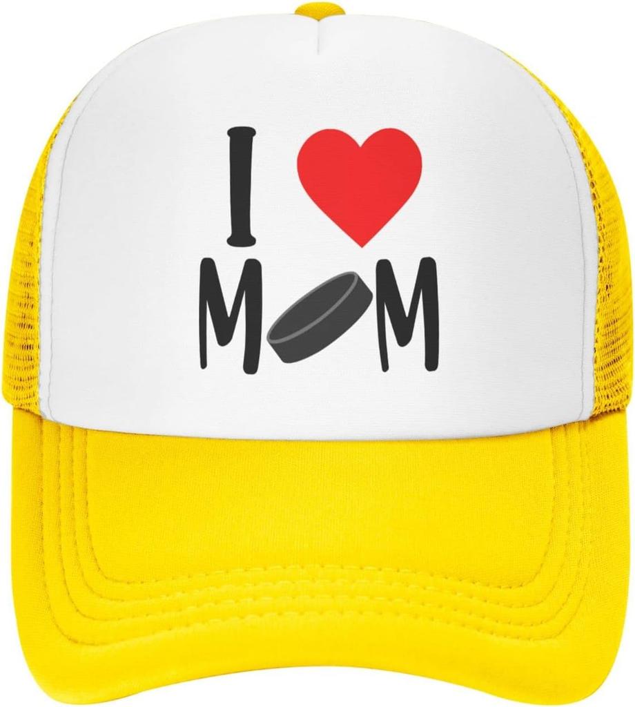 I Love Hockey Mom Graphic Print Mesh Trucker Hat Adjustable Baseball Cap Casual Unisex