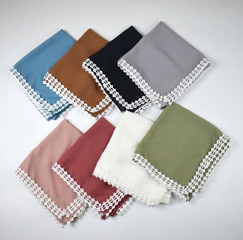 Muslim Chiffon Hijab Scarf for Women Lady Lace Trim Solid Square Head Wrap Shawl Female Jersey Hijabs Scarves Islamic Turban