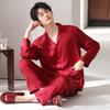 Sexy small suspender shorts nightgown newlywed three-piece set couple spring and autumn ice and snow silk long-sleeved lapel pajamas men
